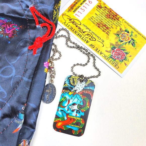 ED HARDY By Christian Audigier VINTAGE Style Necklace / Skull Dog Tag - Picture 3 of 6